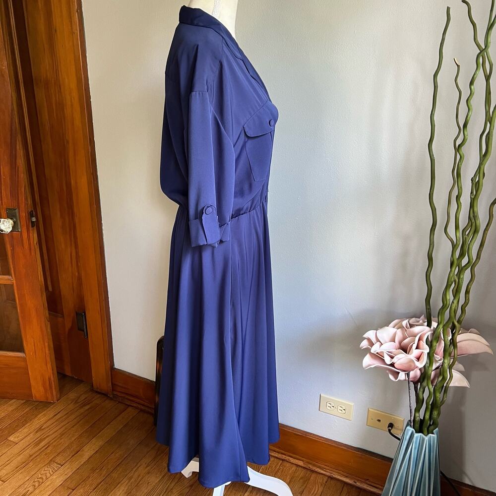 Impressions 80s Vintage Shirt Dress Button Front Pockets Size 8 Navy Blue A Line - Picture 4 of 10